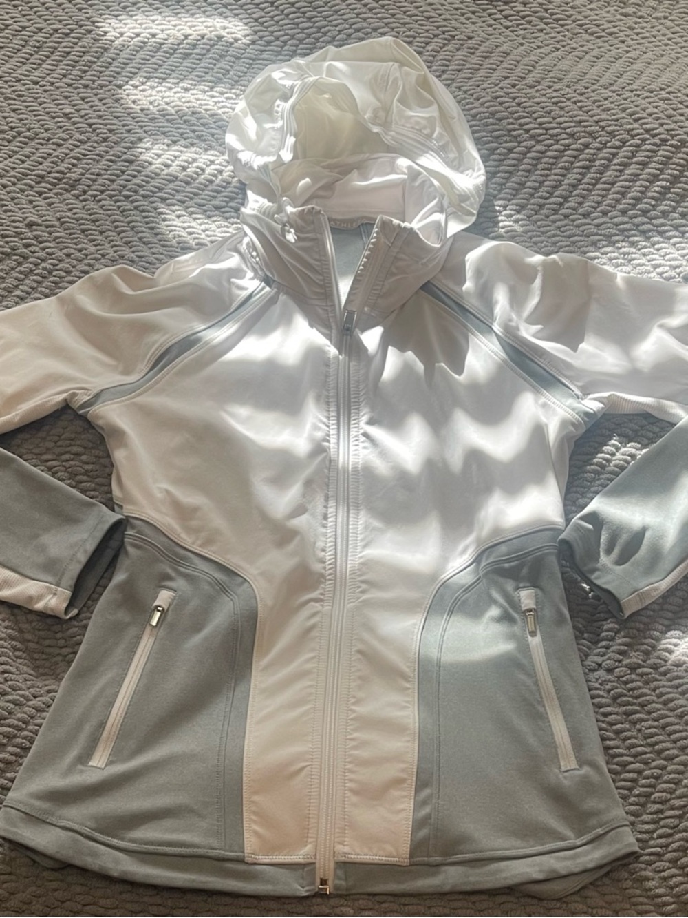 Athleta Light Gray & White Hooded Performance Jacket
